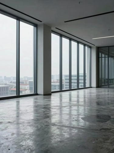 Wide shot of a modern, empty corporate office with floor-to-ceiling windows, cold natural light reflecting on a polished concrete floor, minimalist architecture.