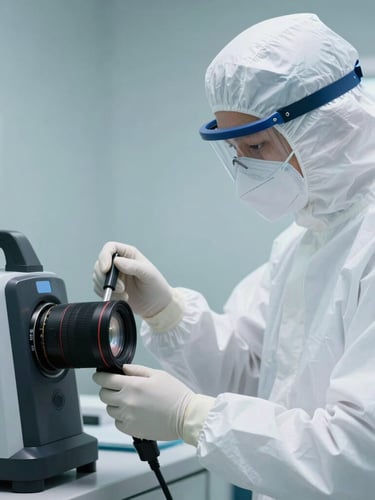 Close-up of a professional sanitization technician in a clean white uniform operating high-tech disinfection equipment, soft blue clinical light, focused composition.