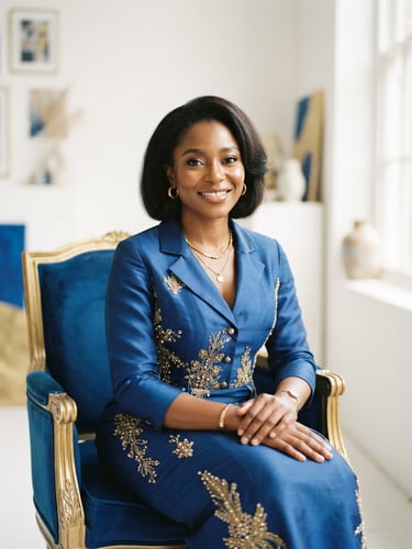 An elegant portrait of Bukky Adesunloye, warm editorial photography, bright natural daylight, clean white studio space, royal blue and gold accents, shallow depth of field, 35mm