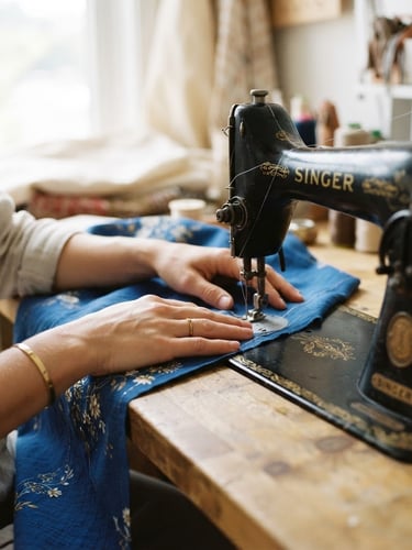 Warm editorial photography of hands carefully guiding fabric through a vintage sewing machine, bright natural daylight, shallow depth of field, 35mm