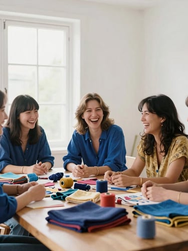 Candid portrait of women laughing together around a large wooden worktable covered in colorful textiles and thread, soft natural window light, 35mm