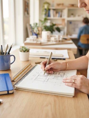 Bright, natural daylight editorial shot of a clean workspace with royal blue accents, a notebook, and hands sketching an architectural layout, 35mm shallow depth of field