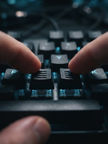 Extreme close-up macro shot of mechanical keyboard switches, fingers gently resting on the F and J home-row tactile bumps, low-key studio lighting with a subtle neon blue accent glow reflecting off the keycaps, shallow depth of field.