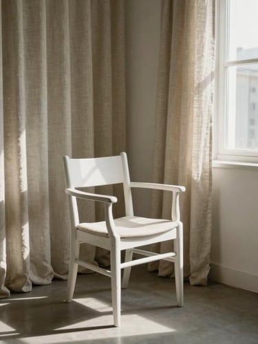 A quiet, architecturally calming consultation room with a white oak chair, linen curtains, and soft morning shadows cast by a window pane.