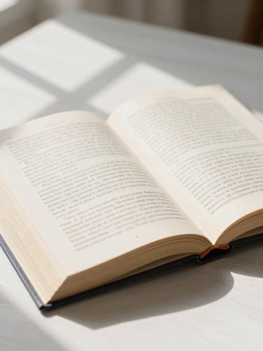 Close-up of an open linen-bound book on a white oak table, soft side-lighting from a window, peaceful shadow patterns