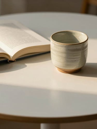 Close-up of a white oak table with an open book and a handmade ceramic cup, soft late afternoon golden hour light, gentle shadows, quiet and tactile atmosphere.