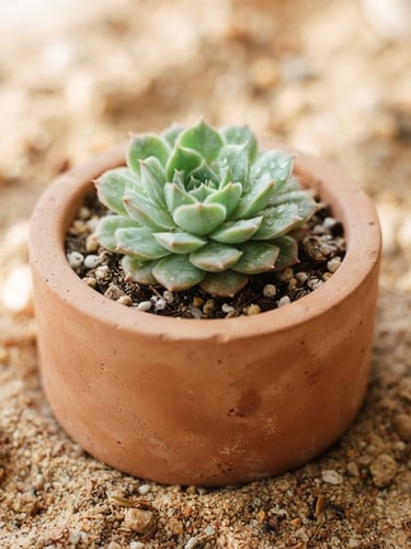 Macro shot of a smooth terracotta concrete planter containing a delicate green succulent, soft morning window light casting gentle shadows on a warm sand surface, shallow depth of field