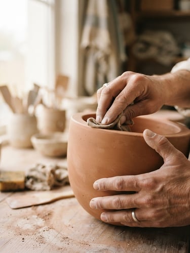 Close-up of artisan hands gently polishing a smooth terracotta concrete planter, warm diffused natural window light, soft shadows