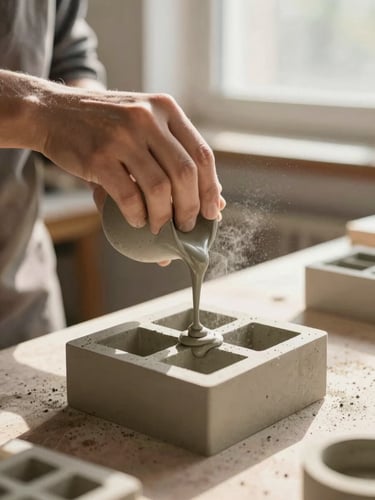 Artisan hands in a sunlit workshop carefully pouring liquid colored concrete into a geometric silicone mold, dust particles in the air, warm editorial feel