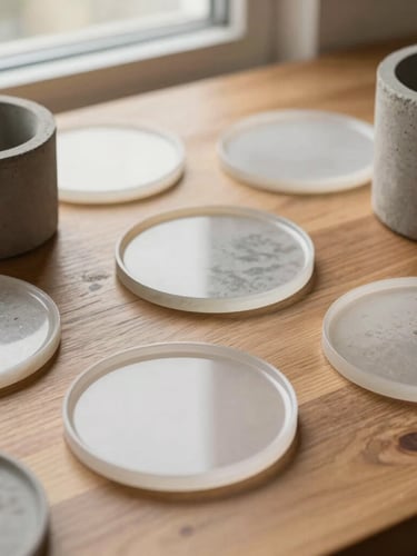 Overhead flatlay of modern acrylic resin coasters and concrete planters styled on a wooden desk with soft natural window light, warm editorial photography