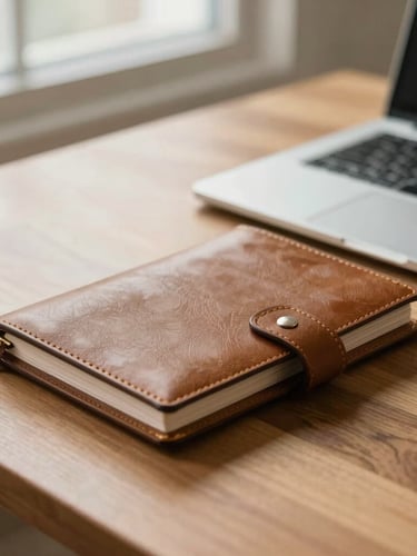 Close-up of a premium leather planner and a sleek laptop on a sunlit wooden desk, soft natural window light, warm editorial aesthetic