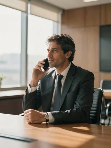 A sophisticated Brazilian executive speaking confidently in a sunlit, modern boardroom, warm natural window light, shallow depth of field, 35mm editorial photography