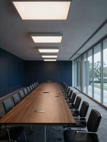 Wide boardroom interior shot from the far end of a long table, geometric ceiling lights casting precise pools of light, glass partition wall to the right, empty chairs, architectural north-facing daylight, deep navy and slate tones