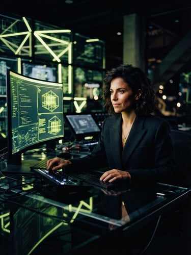Cinematic 35mm editorial portrait of a creative director in a high-tech studio, neon-lime geometric light reflecting on glass interfaces, deep obsidian shadows.
