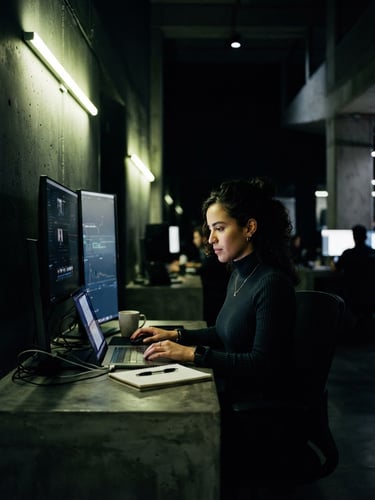 Portrait shot of a sleek, minimalist Colombian media office at dusk, neon-lime ambient light casting sharp lines on dark concrete walls, high-contrast shadows, 35mm editorial photography.