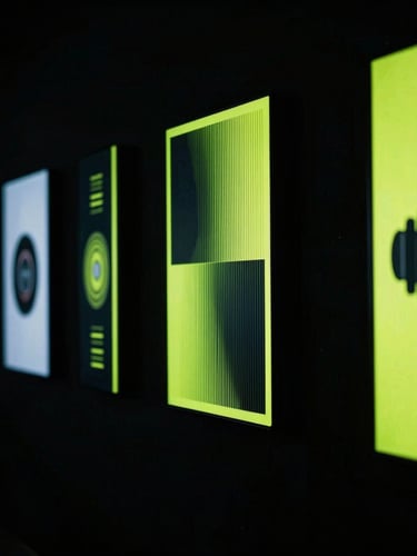 A dramatic vertical portrait of a modern media installation, sleek digital screens displaying high-contrast generative art, deep obsidian background, neon-lime highlights, cinematic lighting