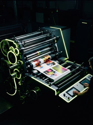 Cinematic editorial photography of a modern high-end magazine printing press, dramatic high-contrast lighting, deep obsidian background, sharp neon-lime highlights, 35mm