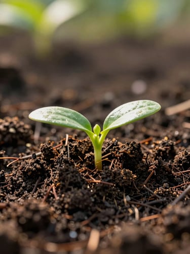 Close-up of rich dark soil enriched with organic vermicompost, a small green sprout emerging, warm morning sunlight, macro photography, 35mm