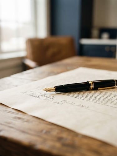 A warm editorial close-up of a fountain pen resting on a signed legal document, soft window light, shallow depth of field, 35mm photography.