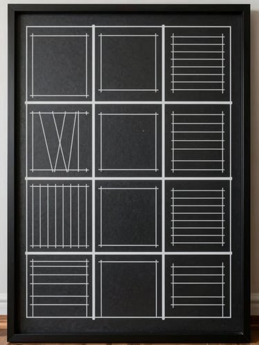 Flat-lay wireframe layout on an obsidian screen, clean white lines, minimalist grid system, technical aesthetic.