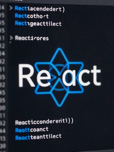 Macro crop of a dark-mode IDE showing clean React code, sharp electric blue highlights, high-contrast technical minimalism.