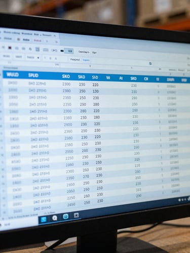 Extreme close-up straight-on of a warehouse management dashboard screen showing order queue rows, SKU numbers, and status columns, cool blue monitor glow, slightly overexposed, no people visible, sharp detail on the data rows