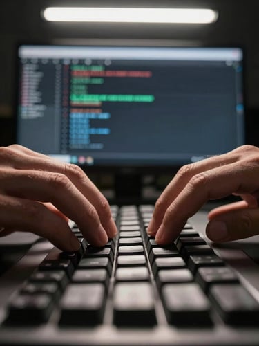 Extreme close-up, straight-on framing: hands resting on a mechanical keyboard mid-keystroke during an integration configuration session, terminal output visible on a dark monitor in the background, cool overhead fluorescent light casting sharp shadows, no faces, no warm tones