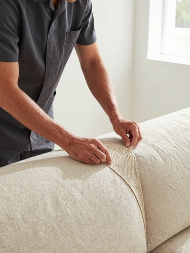 Close-up of a professional technician in a clean, minimalist charcoal uniform inspecting the delicate weave of a premium linen sofa under bright, natural daylight