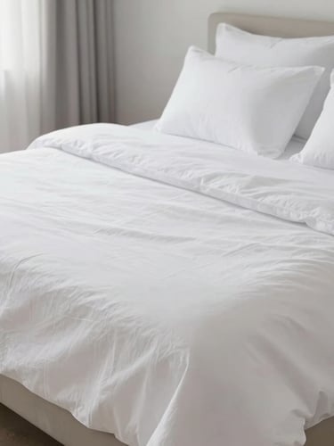 Bright, natural diffused daylight flooding a minimalist luxury bedroom, focusing on crisp, clean white linen sheets and a perfectly arranged bed, evoking purity and absolute cleanliness.