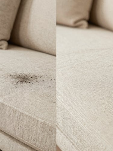 Macro split screen comparison of a premium beige sofa fabric, left side showing grey accumulated dust and right side showing clean, vibrant woven linen texture, bright diffused studio lighting.