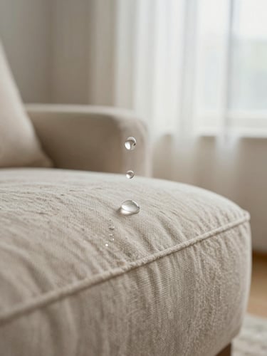 Macro shot of perfect water droplets suspended and rolling off a light beige linen sofa fabric, soft natural window light, highly detailed texture.