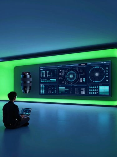 Modern office interior, sleek tech photography, cool blue studio lighting, sharp neon green accents, high-contrast editorial style, 35mm lens, a digital dashboard on a screen in the background, a person working on a laptop in the foreground, wide architectural office shot, low horizon