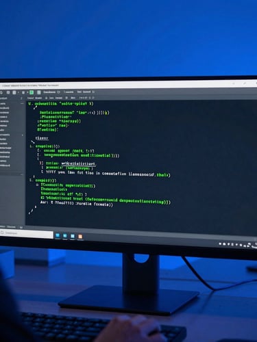 Clean code on a monitor screen in a modern tech office, blue ambient lighting, sharp neon green accents, sleek tech photography, over-the-shoulder angle.