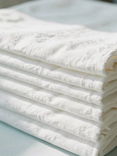 Close-up of neatly stacked, freshly folded white linen sheets under bright morning light, crisp textile textures, 35mm