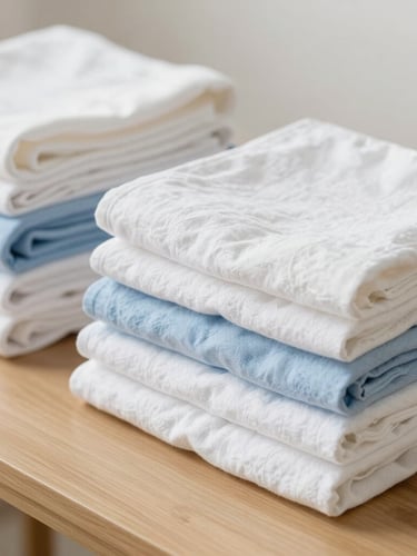 Bright airy photography of neatly folded stacks of high-quality white linen and cotton textiles on a clean wooden table, soft morning daylight, crisp whites and pastel blues, clean minimalist composition, 35mm