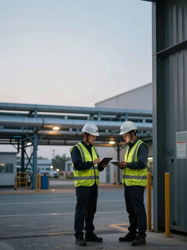 Wide panoramic shot, left-to-right: a field safety engineer in hard hat and high-vis vest reviewing a digital tablet at an industrial facility entrance, overhead pipeline infrastructure behind, cool ambient site lighting, extreme right side fades into dark steel structure—generous negative space on left for text overlap