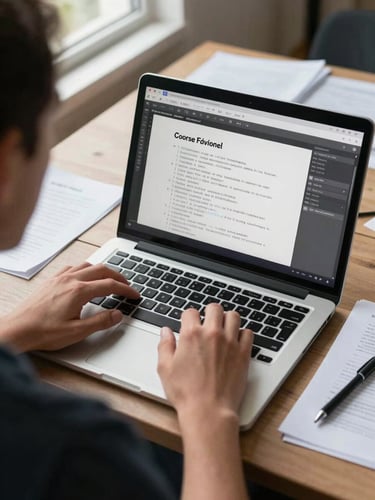 Over-shoulder view of an instructor at a laptop, course outline visible on screen mid-edit, hands resting on keyboard, north-facing daylight from a window to the left, workspace cluttered with printed notes