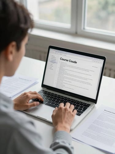 Over-shoulder view of an instructor reviewing a course outline on a laptop screen, notes and printed drafts on the desk beside them, north-facing daylight through a window casting clean even light, focus on the screen and working hands