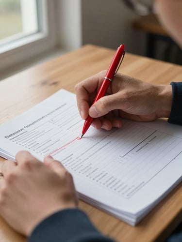 Close-up of hands marking up printed course outline pages on a wooden desk, red pen mid-stroke on a module heading, north-facing daylight from a window to the left, papers slightly overlapping