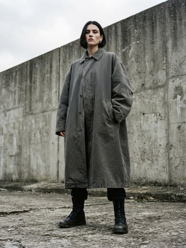 Stark editorial fashion photography, low-angle full-body portrait of a model in a heavy cotton oversized coat against a brutalist concrete wall, cold overcast daylight, desaturated neutral tones.