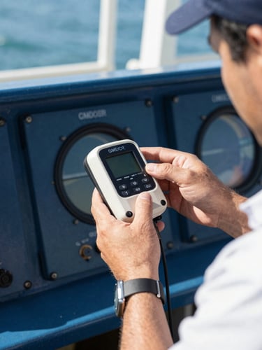 Close-up of a marine surveyor testing a GMDSS radio console on a ship bridge, bright natural daylight, technical marine equipment