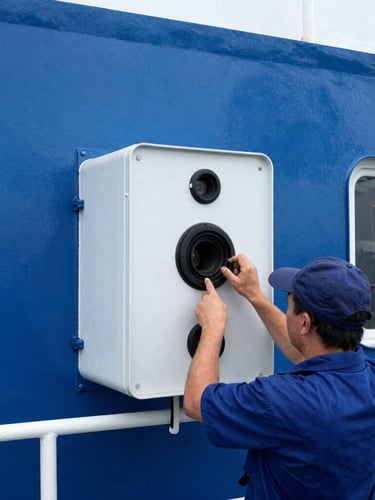 Crisp industrial photography of a marine surveyor testing communication equipment on a ship bridge, bright natural daylight, deep maritime blue tones, sharp focus.
