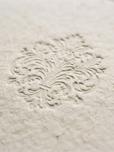 Close-up of textured heavy cotton paper with blind debossing, soft overcast Parisian daylight, muted charcoal and linen tones, 35mm grain