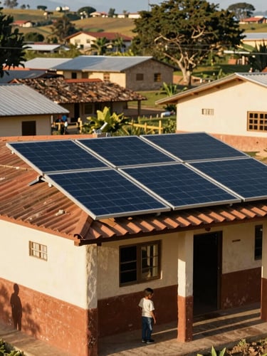 Warm editorial photography of a rural Latin American village, solar panels installed on a school roof, bright natural sunlight, golden hour, authentic community-focused.