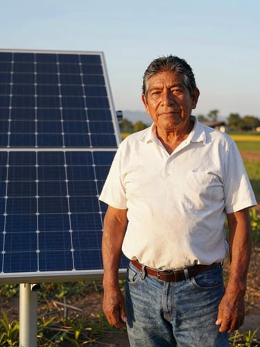 Warm editorial portrait of a Latin American rural community leader standing proudly next to a solar panel installation, bright natural golden hour sunlight, 35mm.