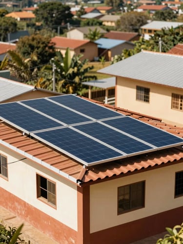 Warm editorial photography of a modern solar array integrated into a community building roof in rural Colombia, bright natural sunlight, vibrant earth tones, shallow depth of field, 35mm.