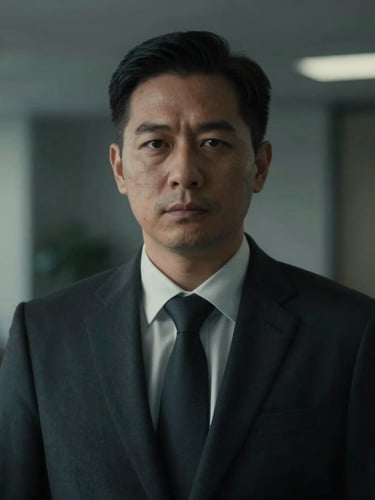 Professional portrait of a male operational lead in a dark suit, serious expression, with a subtle background blur of a modern office interior. Low-key dramatic lighting, cool desaturated tones, sharp focus, cinematic editorial style.