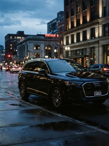 cinematic editorial photography, low-key dramatic lighting, cool desaturated tones, sharp focus, high contrast, 35mm film style. A clean late-model black SUV, parked discreetly on a Denver street at dusk, reflecting city lights, no visible people.