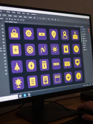 Close-up overhead of a large monitor showing a Figma canvas with a flat icon sheet — 24 vector icons arranged in a grid, purple and yellow fills on a dark background, designer's hand on mouse visible at frame edge, screen glow as primary light source