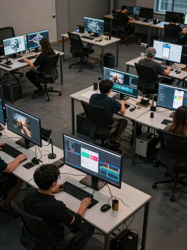 Overhead wide shot of a studio floor with ten workstations active simultaneously, each monitor showing a different discipline — a 3D wireframe, a video edit timeline, a mobile UI mockup — shot from a high angle showing the full room, screens providing multicolor ambient light, no faces visible, desks close together conveying density and scale